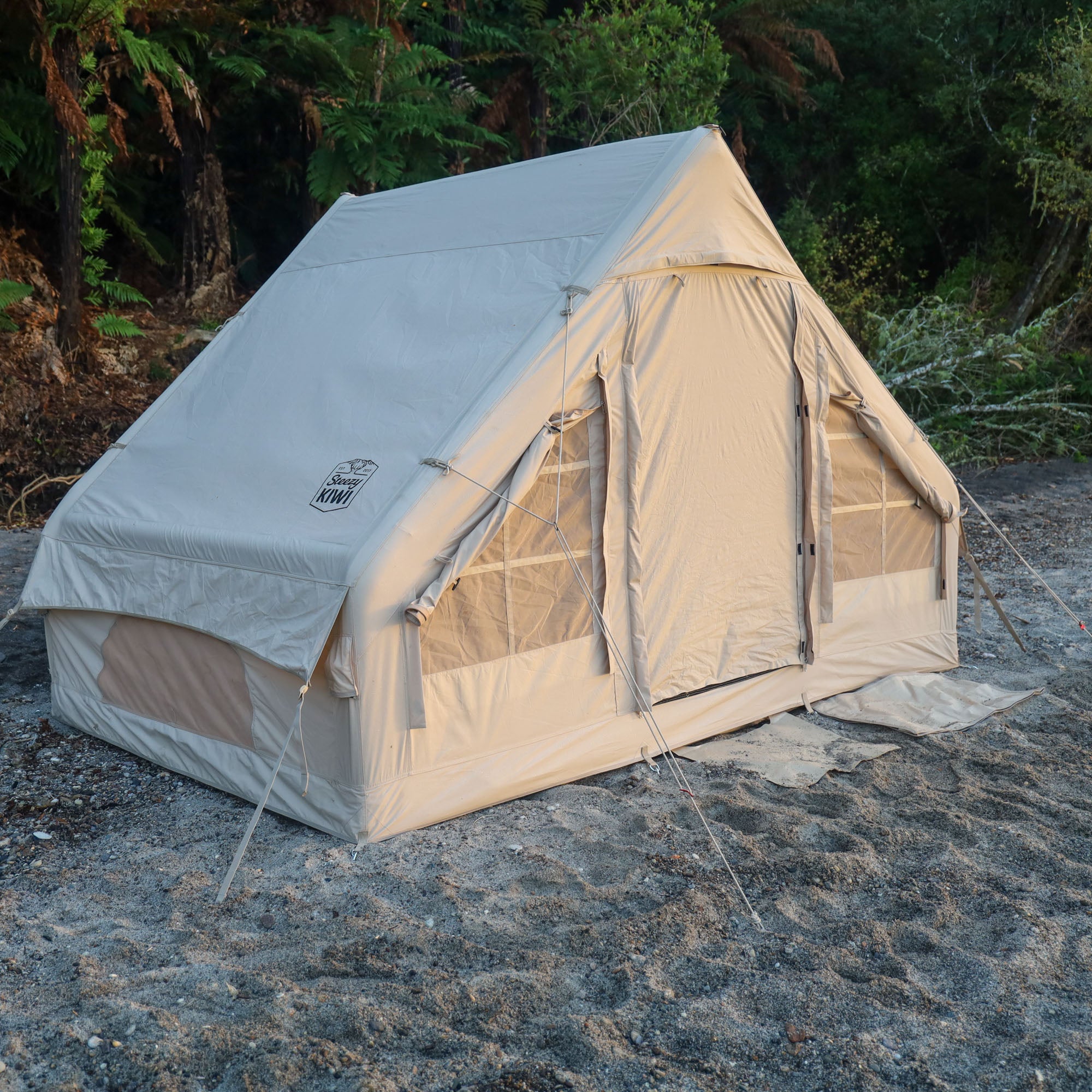 Inflatable tent camping beside the Lake Taupo near Kinloch